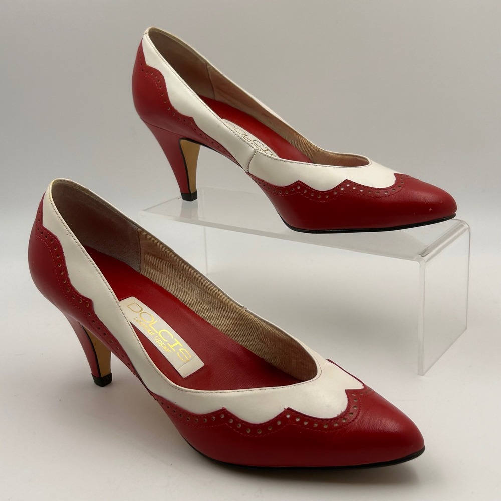 VTG Dolcis Spectator Pumps Women 7M Red White Leather Brogue Wingtip Retro Pinup
